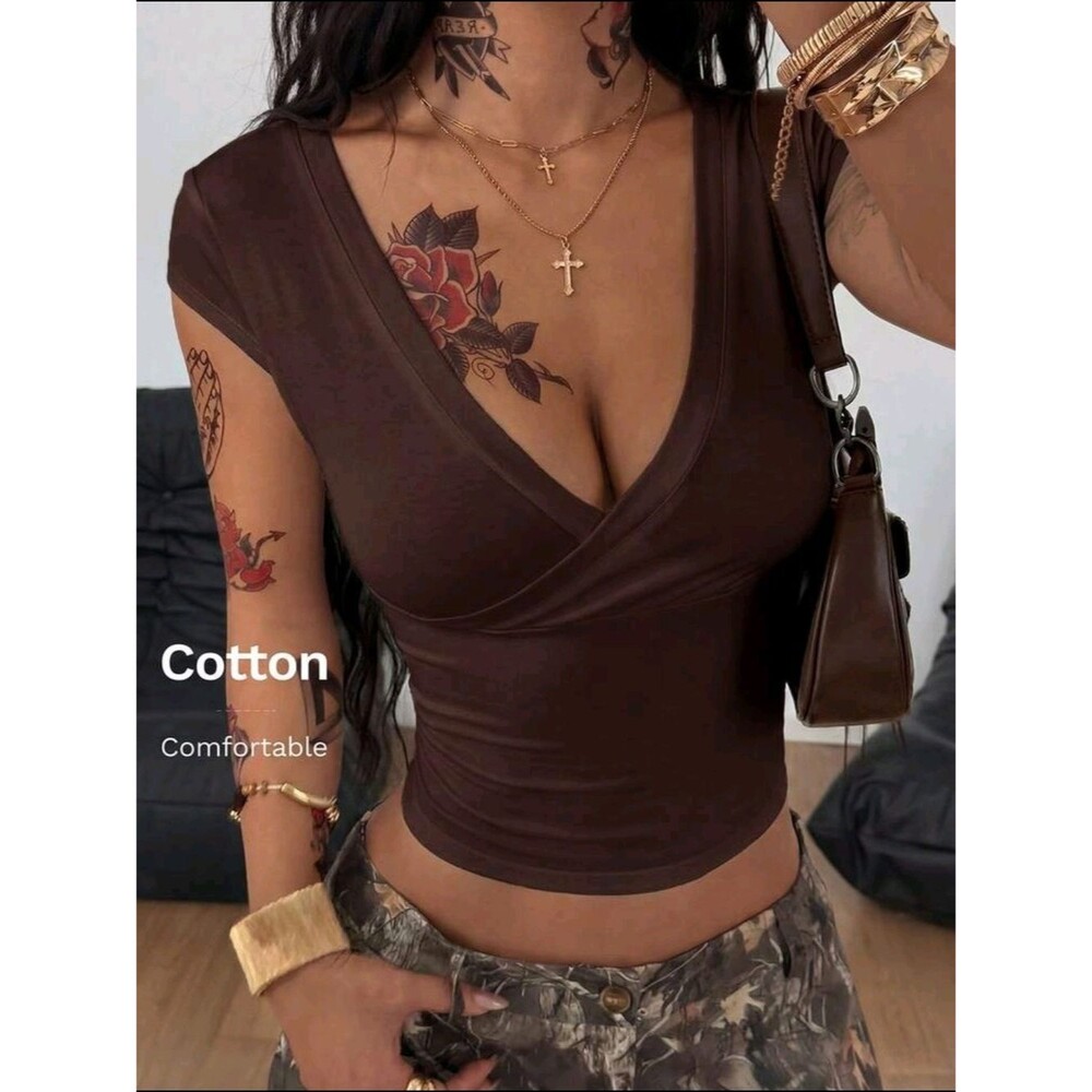 SHEIN Brown V-Neck Cotton Wrap Crop Top